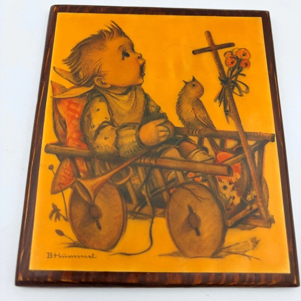 Vintage B Hummel Child with Bird Cart Wall Plaque Art‎ Wood Framed 1975
